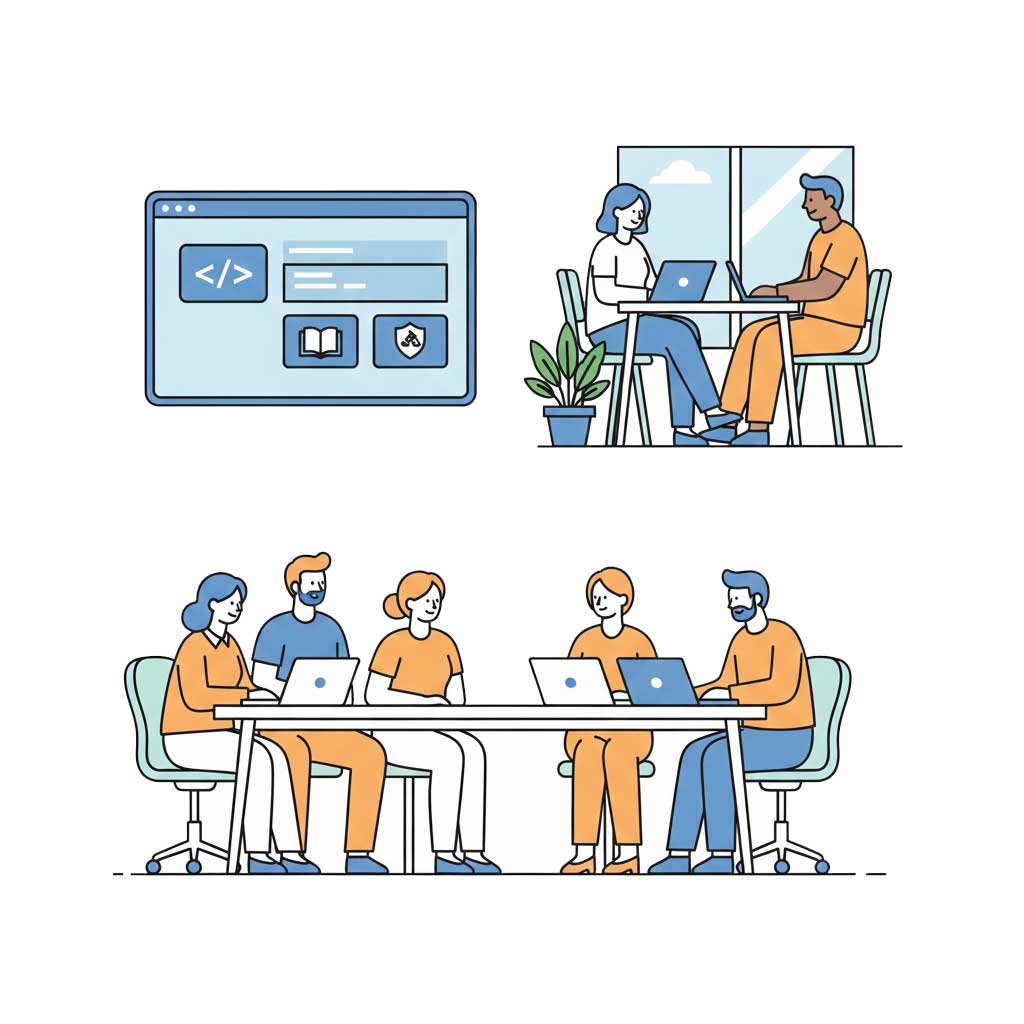 Ilustración de un equipo diverso usando una plataforma e-learning en una pantalla grande