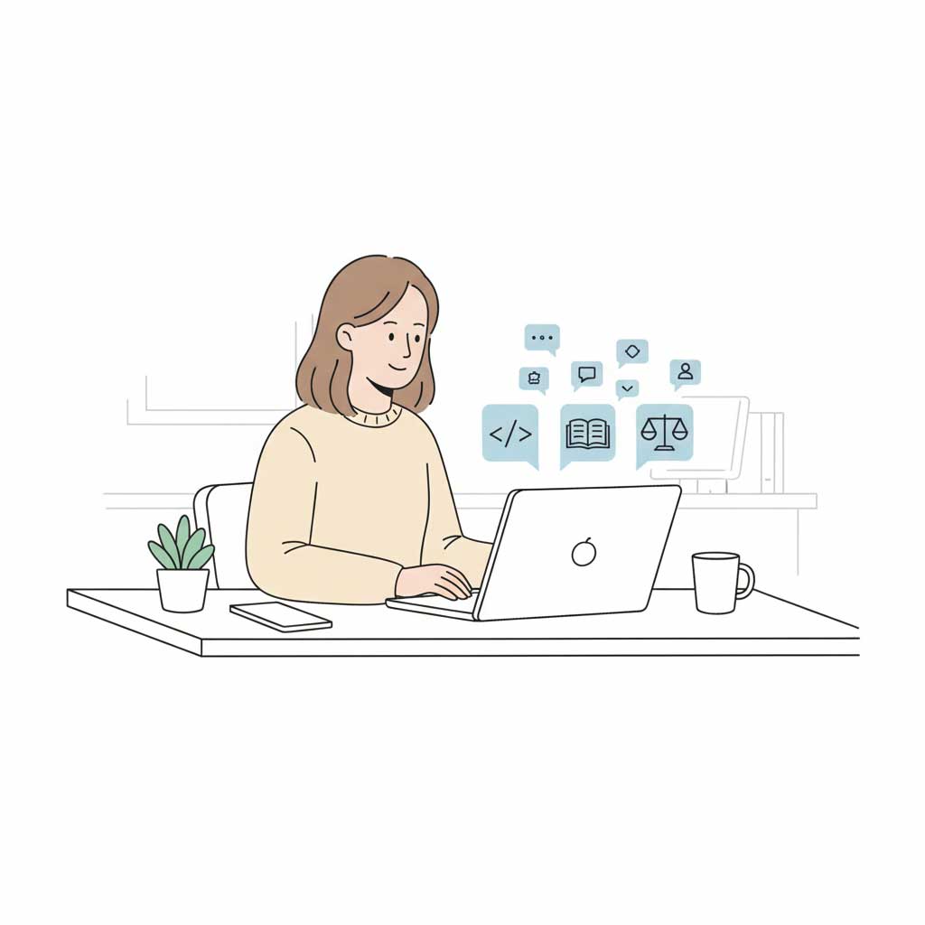 Ilustración de una persona de Recursos Humanos aprendiendo sobre tecnología y leyes en su computador