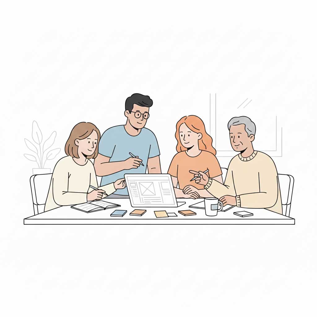 Ilustración de un equipo reunido alrededor de una mesa planificando un curso online