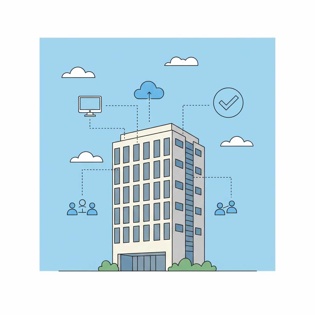Ilustración de una empresa conectada digitalmente, con iconos flotando de personas, nube y tecnología